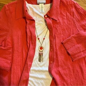 Alfred Dunner Petite L Coral Parrot Cay Blouse + Necklace + White Shell 3-Pc Set